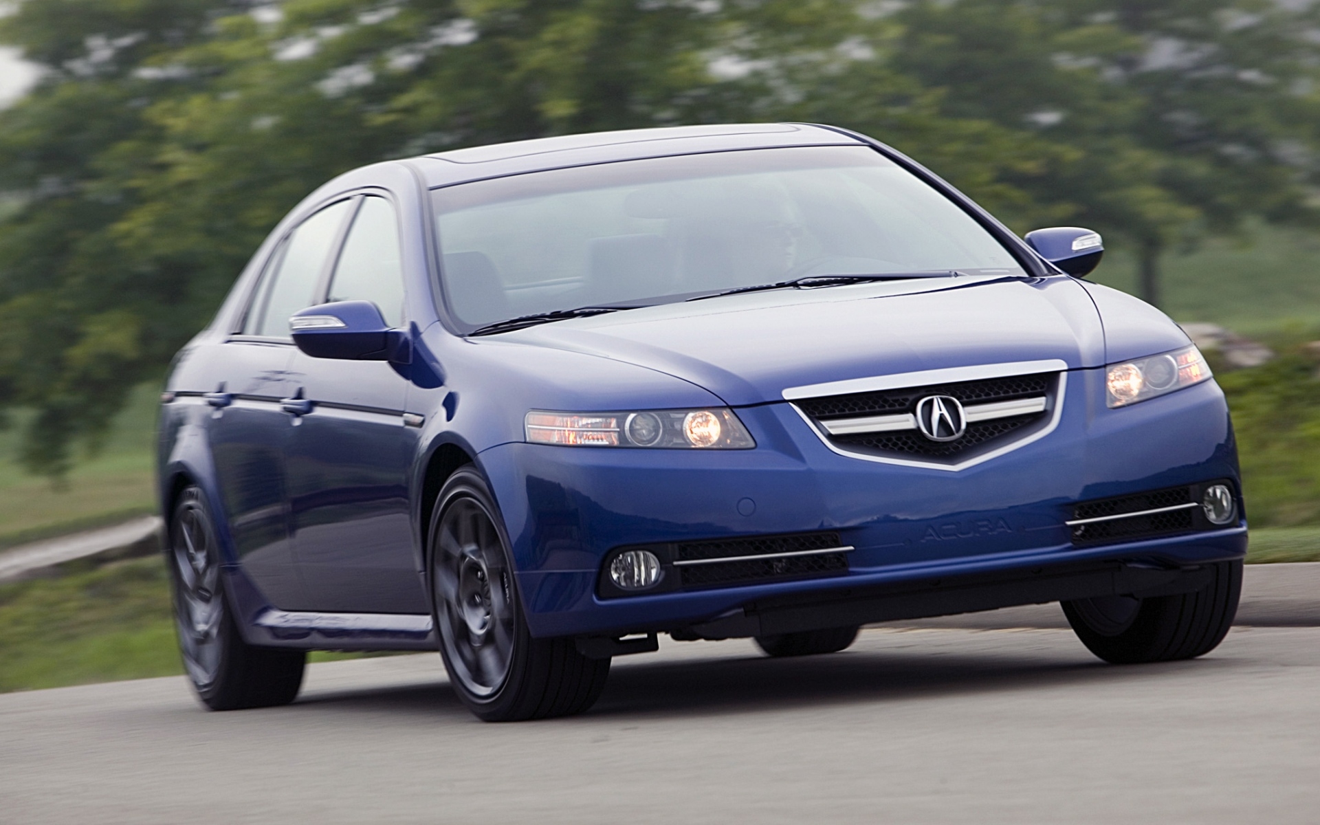 Картинки Acura, tl, 2007, синий, вид спереди, стиль, автомобили, скорость, деревья, трава, асфальт фото и обои на рабочий стол