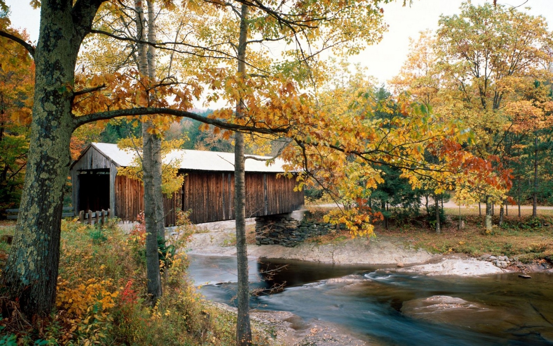 Картинки Река, мост, waterville, вермонт, осень, деревья фото и обои на рабочий стол