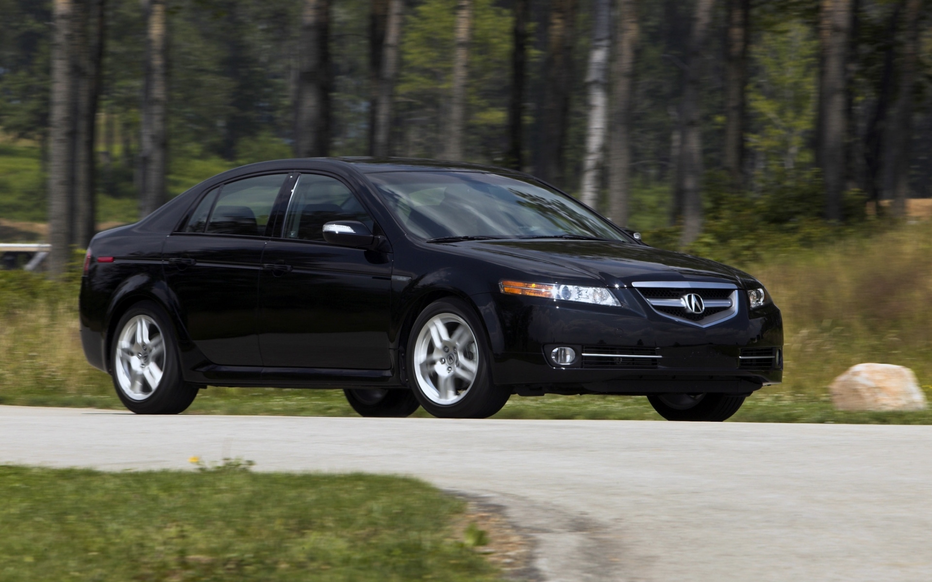 Картинки Acura, tl, 2007, черный, вид сбоку, стиль, автомобили, природа, лес, трава, асфальт фото и обои на рабочий стол