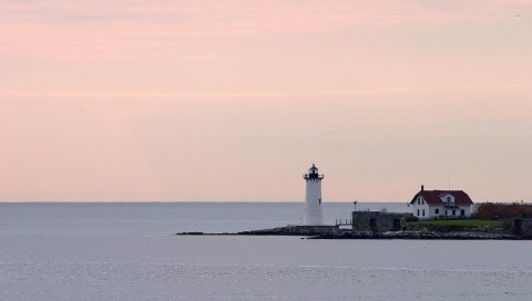 Маяк, берег, дом, остров, море, открытые пространства, поверхность воды, вечер