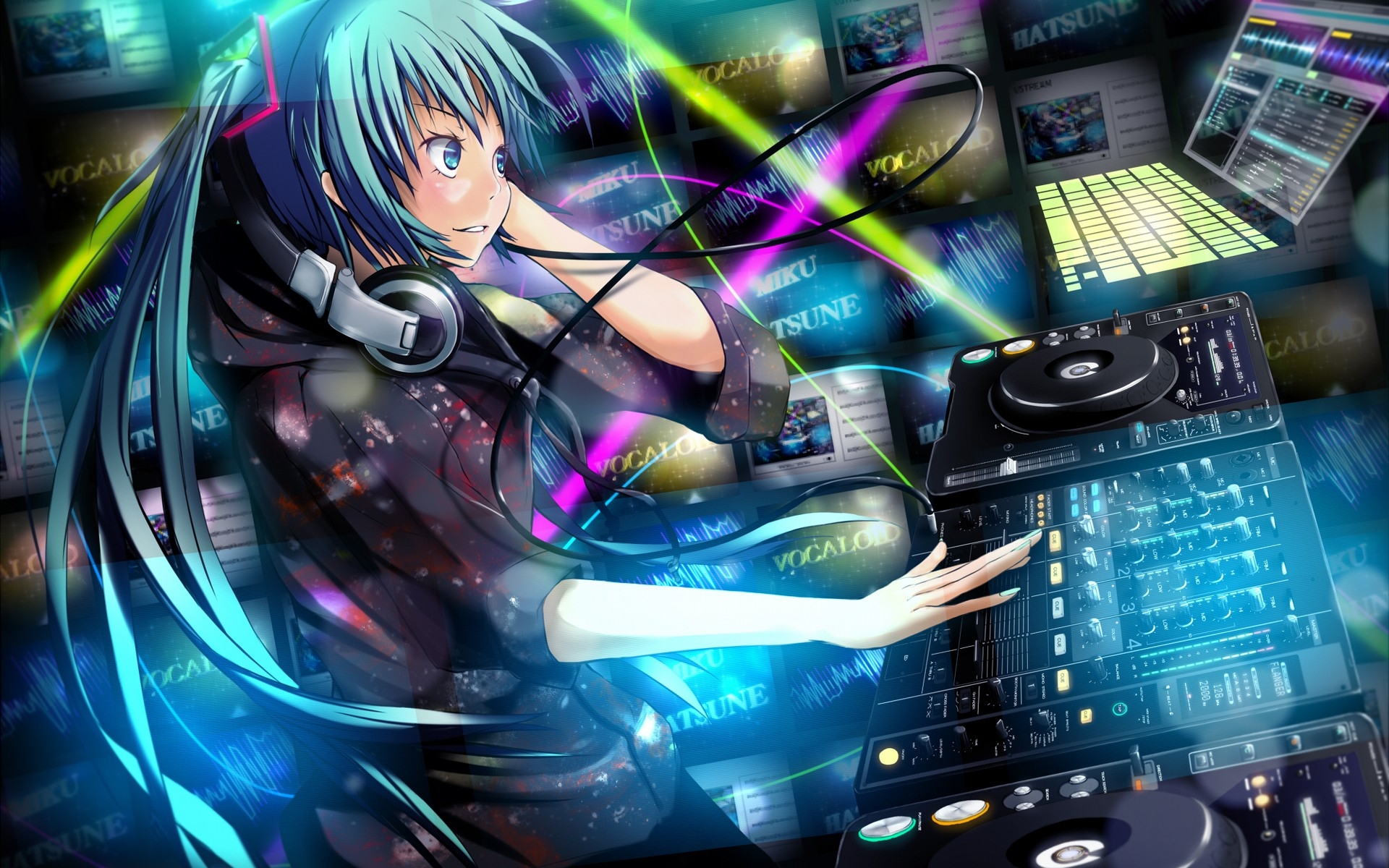Картинки Девушка, hatsune miku, наушники, пульт dj, улыбаясь фото и обои на рабочий стол