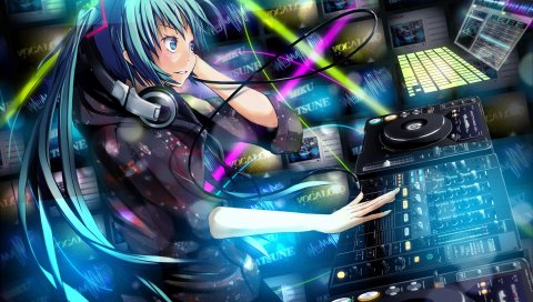 Девушка, hatsune miku, наушники, пульт dj, улыбаясь