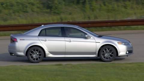 Acura, tl, 2007, серебристый металлик, вид сбоку, стиль, автомобили, скорость, природа, кустарники, трава