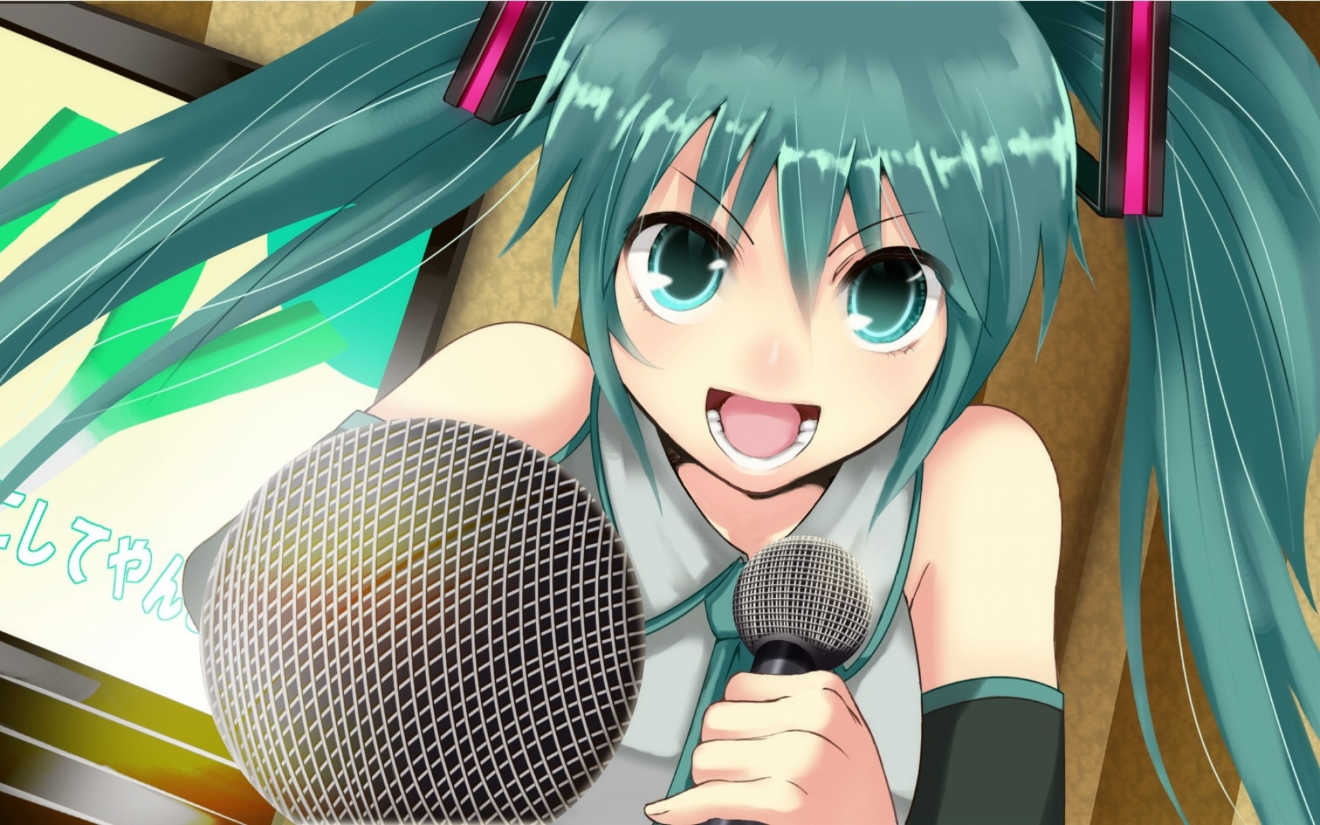 Картинки Аниме, hatsune miku, девушка, певец, микрофон, радость фото и обои на рабочий стол