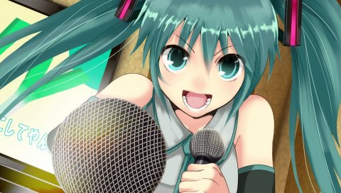 Аниме, hatsune miku, девушка, певец, микрофон, радость