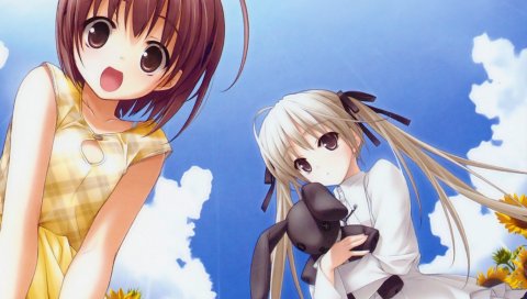 Девушки, hiyoku no hane, милый, восторг, игрушка, подсолнухи, прогулки