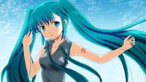 Девушка, hatsune miku, волосы, ветер, тату, номер три, космос