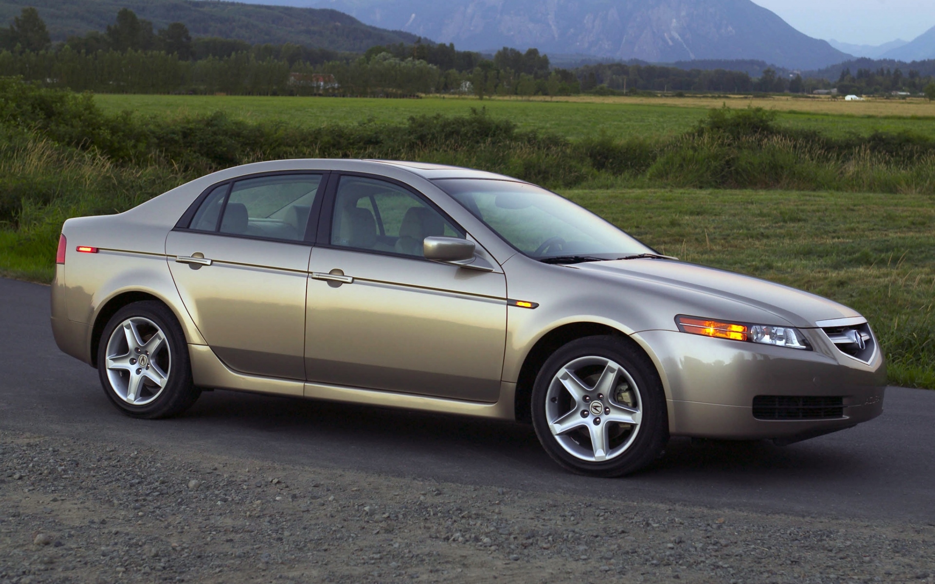 Картинки Acura, tl, 2004, бежевый металлик, вид сбоку, стиль, автомобили, природа, горы, деревья, трава, асфальт фото и обои на рабочий стол
