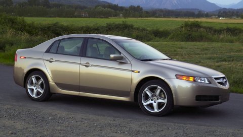 Acura, tl, 2004, бежевый металлик, вид сбоку, стиль, автомобили, природа, горы, деревья, трава, асфальт