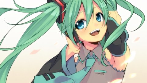 Девушка, hatsune miku, улыбка, наушники, наслаждение