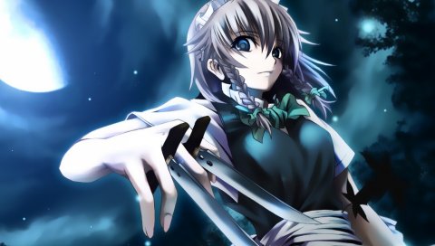 Девушка, брюнетка, ножи, куст, глаза, луна, ночь