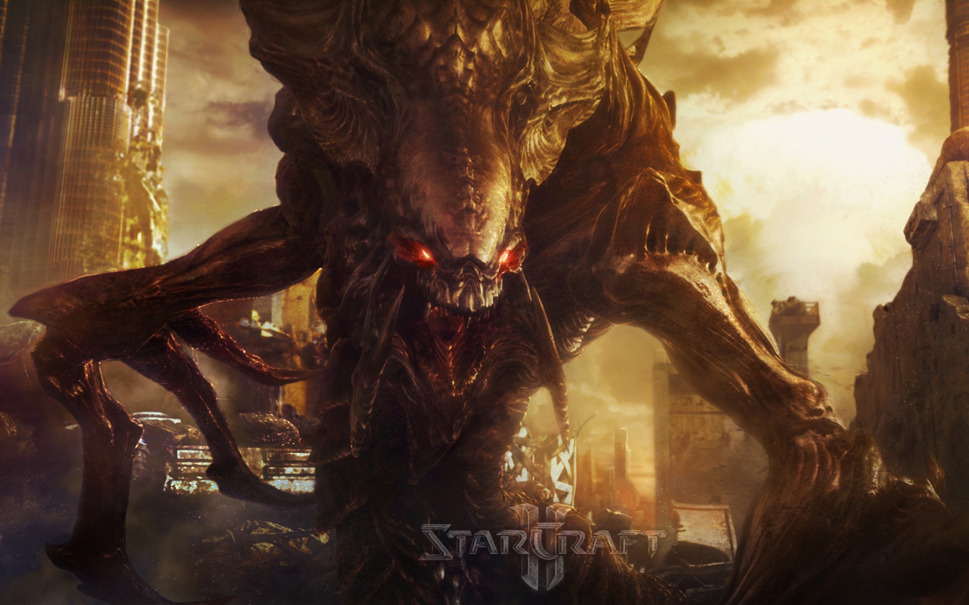 Картинки Starcraft 2, монстр, город, разрушение фото и обои на рабочий стол