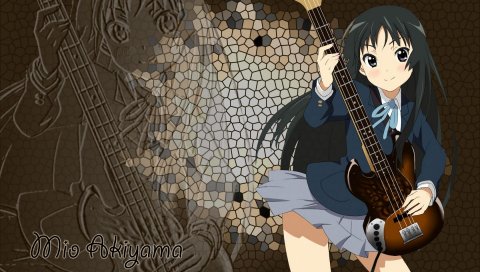 Девушка, akiyama mio, брюнетка, гитара, улыбка, стена