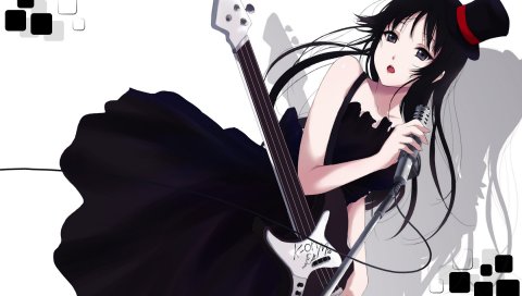 Девушка, k-on, брюнетка, микрофон, гитара, песня