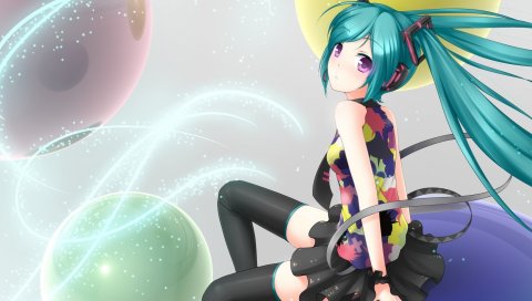 Аниме, девушка, hatsune miku, наушники, космос