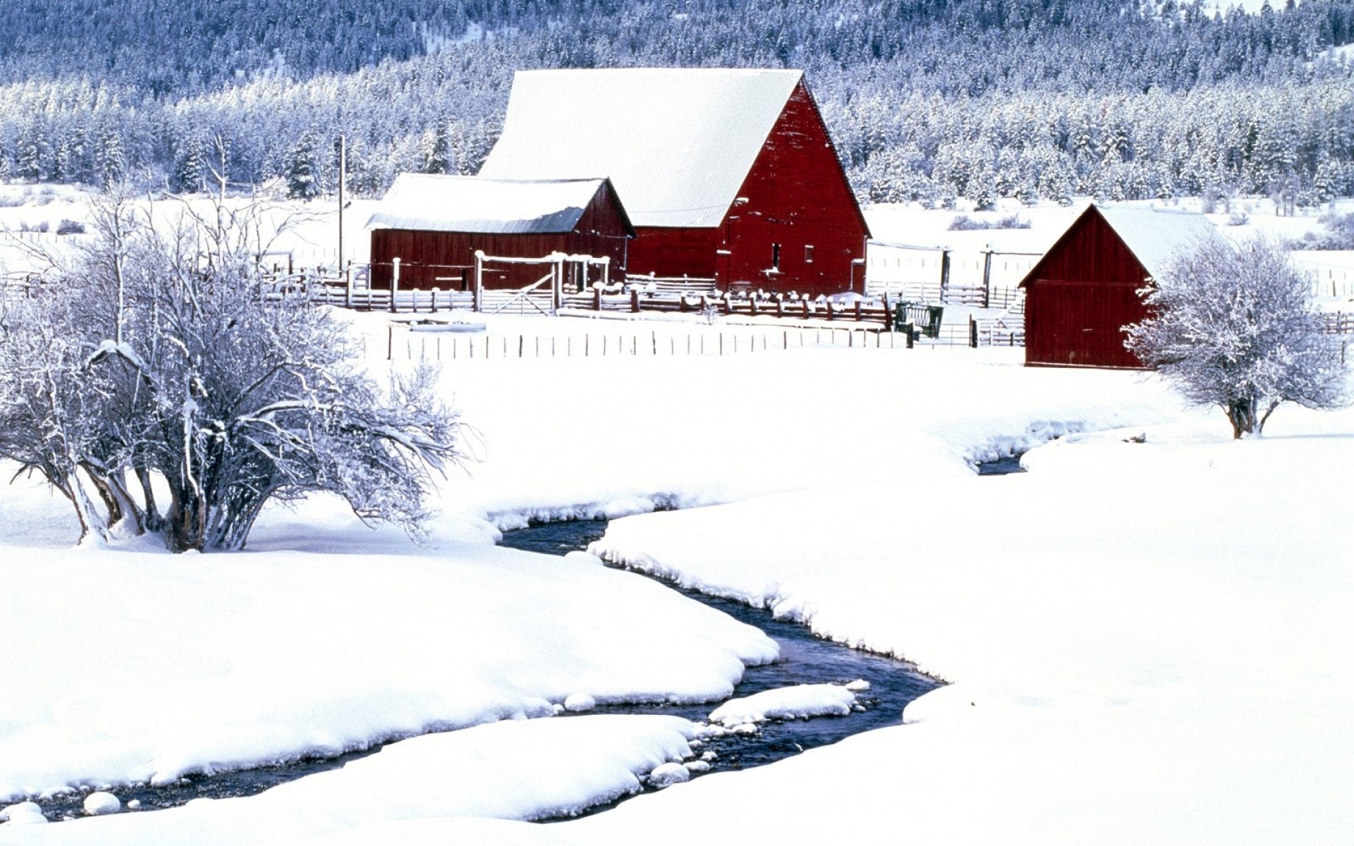 Картинки Зима, снег, сугробы, сооружения, ручей, кустарники фото и обои на рабочий стол