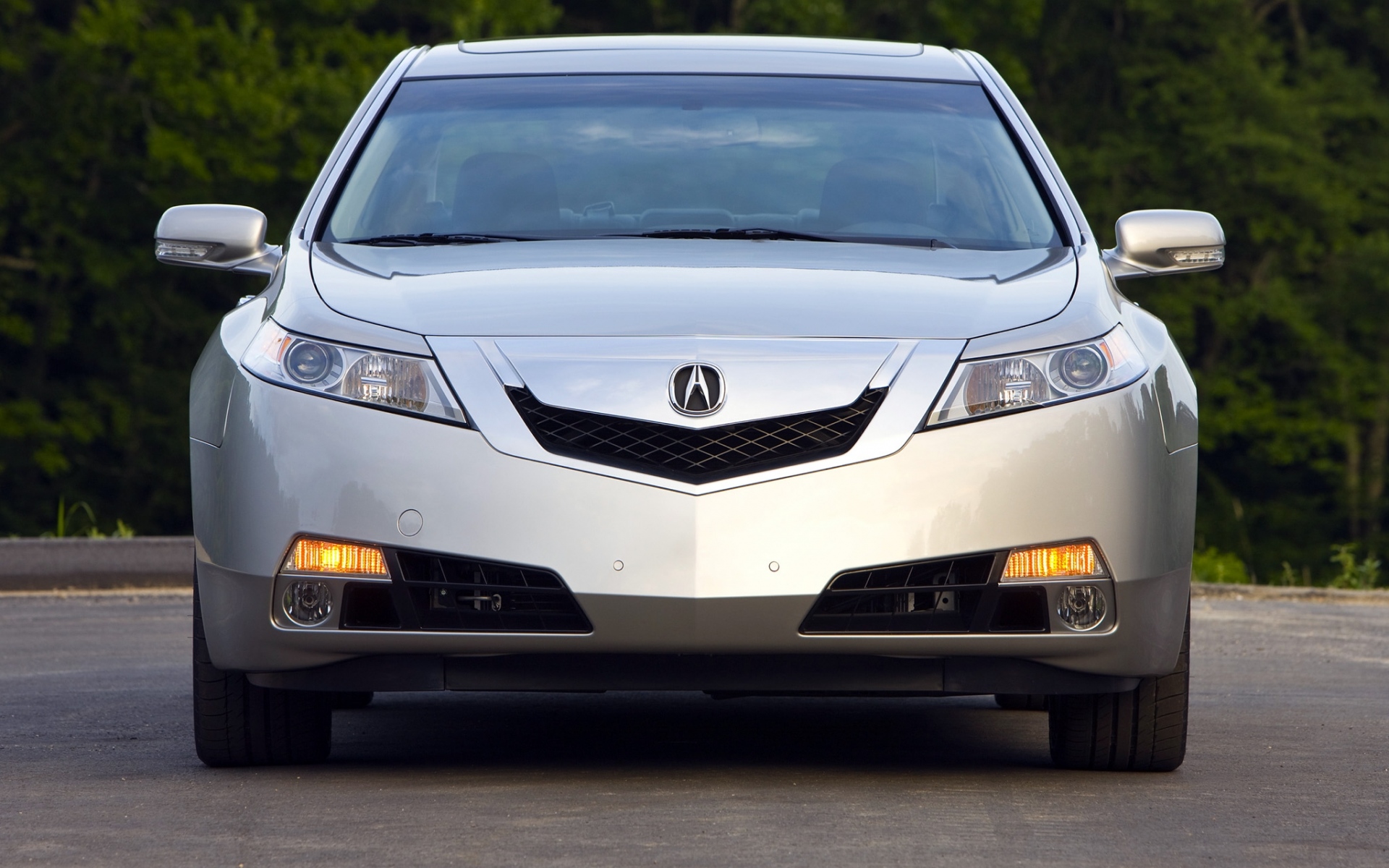 Картинки Acura, tl, 2008, серебристый металлик, вид спереди, стиль, автомобили, деревья фото и обои на рабочий стол