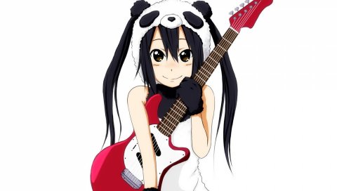 Девушка, красивая, улыбка, гитара, шляпа, панда