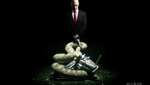 Убийца, змея, пистолет, лысый, агент 47