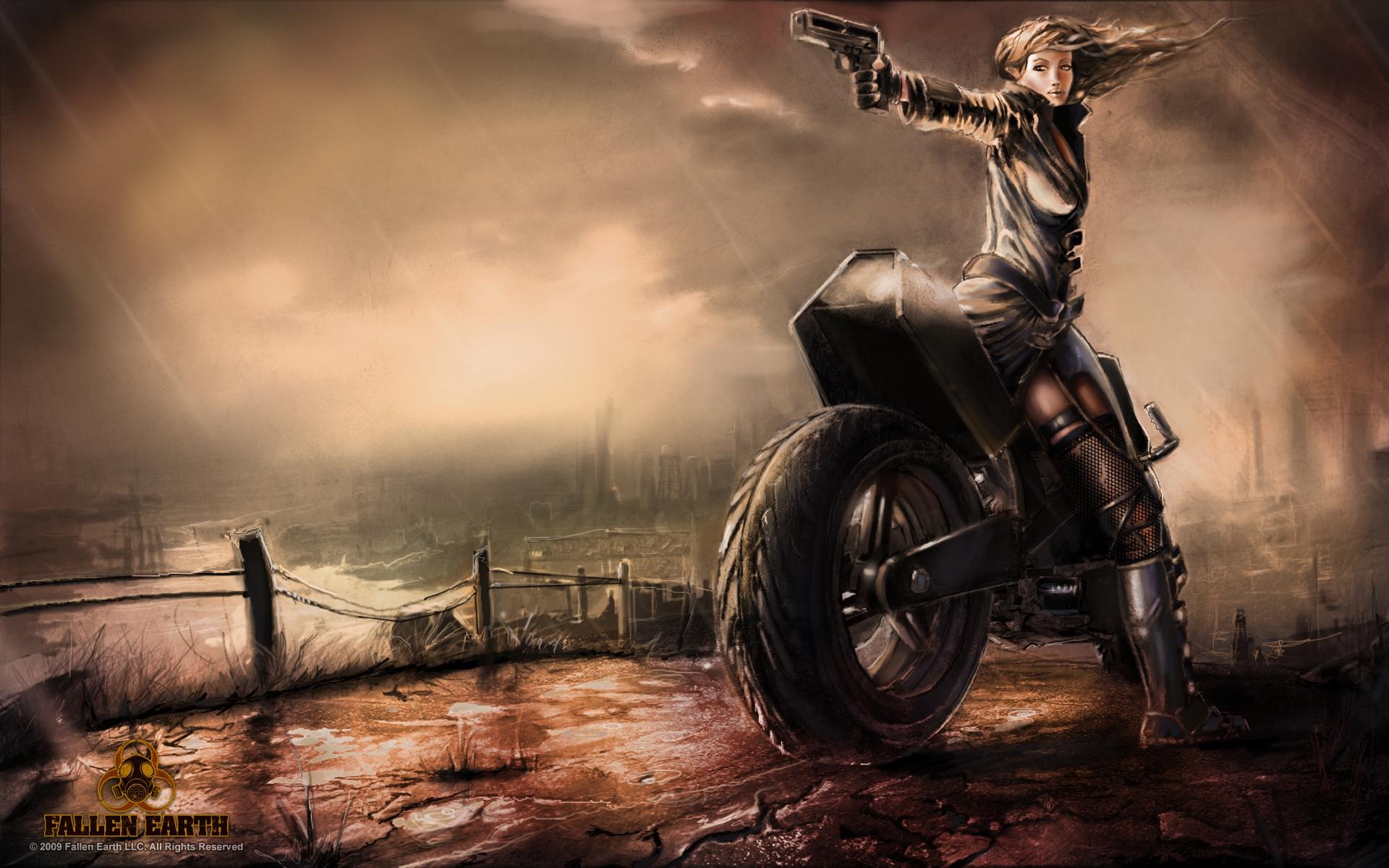 Картинки Борцы за свободу, девушка, пистолет, мотоцикл, дождь фото и обои на рабочий стол