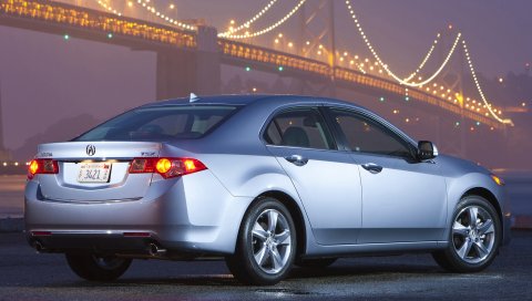Acura, tsx, 2010, синий металлик, вид сбоку, стиль, автомобили, мосты, огни, мокрый асфальт