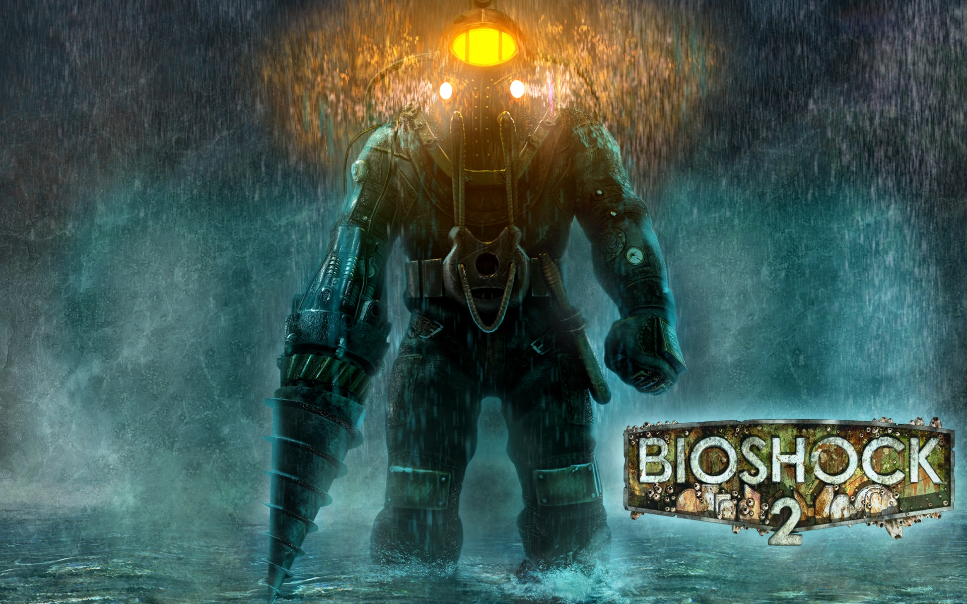 Картинки Bioshock 2, большой папа, дождь, свет, рука фото и обои на рабочий стол