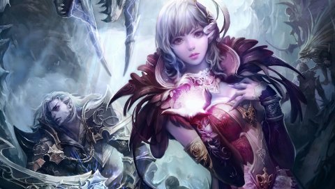 Aion башня вечности, девушка, магия, персонал, крылья, дым