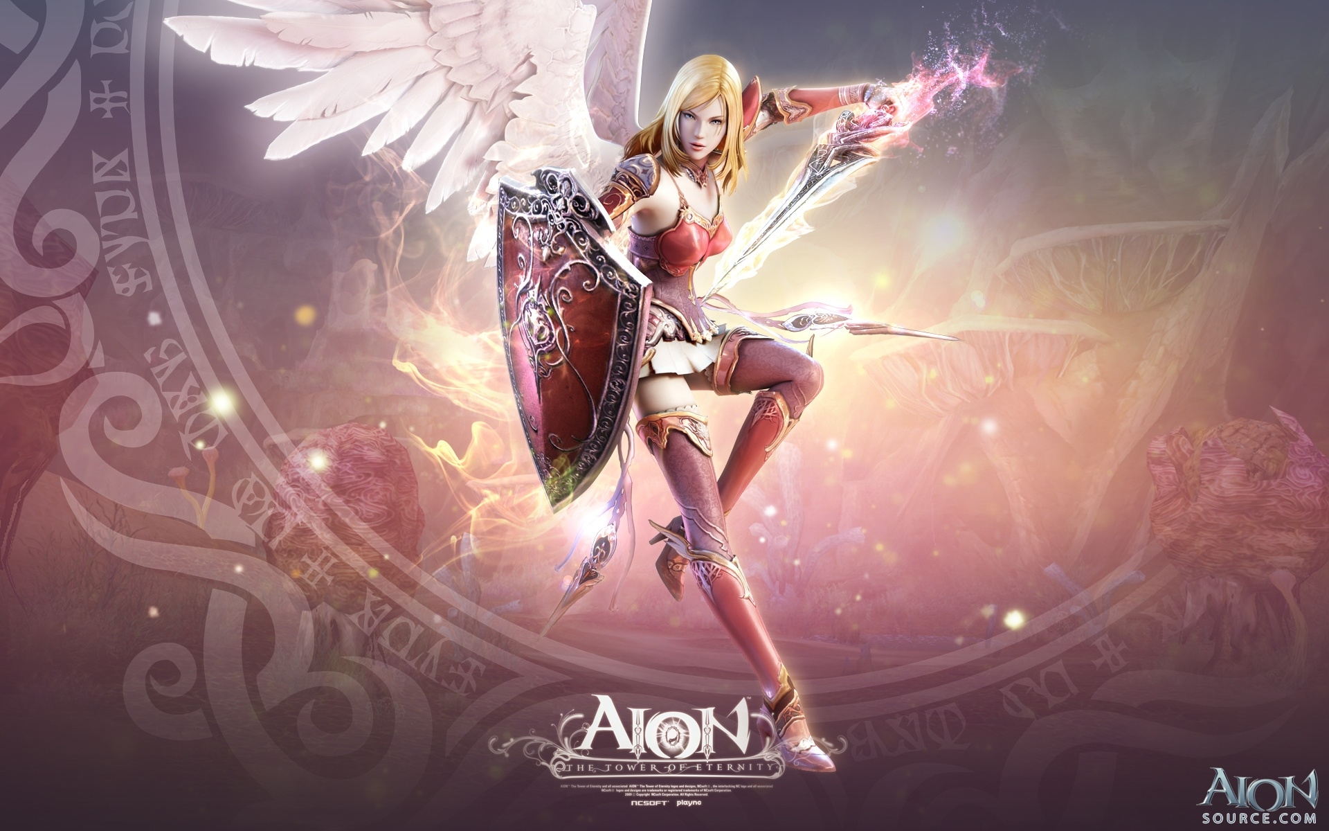 Картинки Aion башня вечности, девушка, лук, стрела, гора фото и обои на рабочий стол