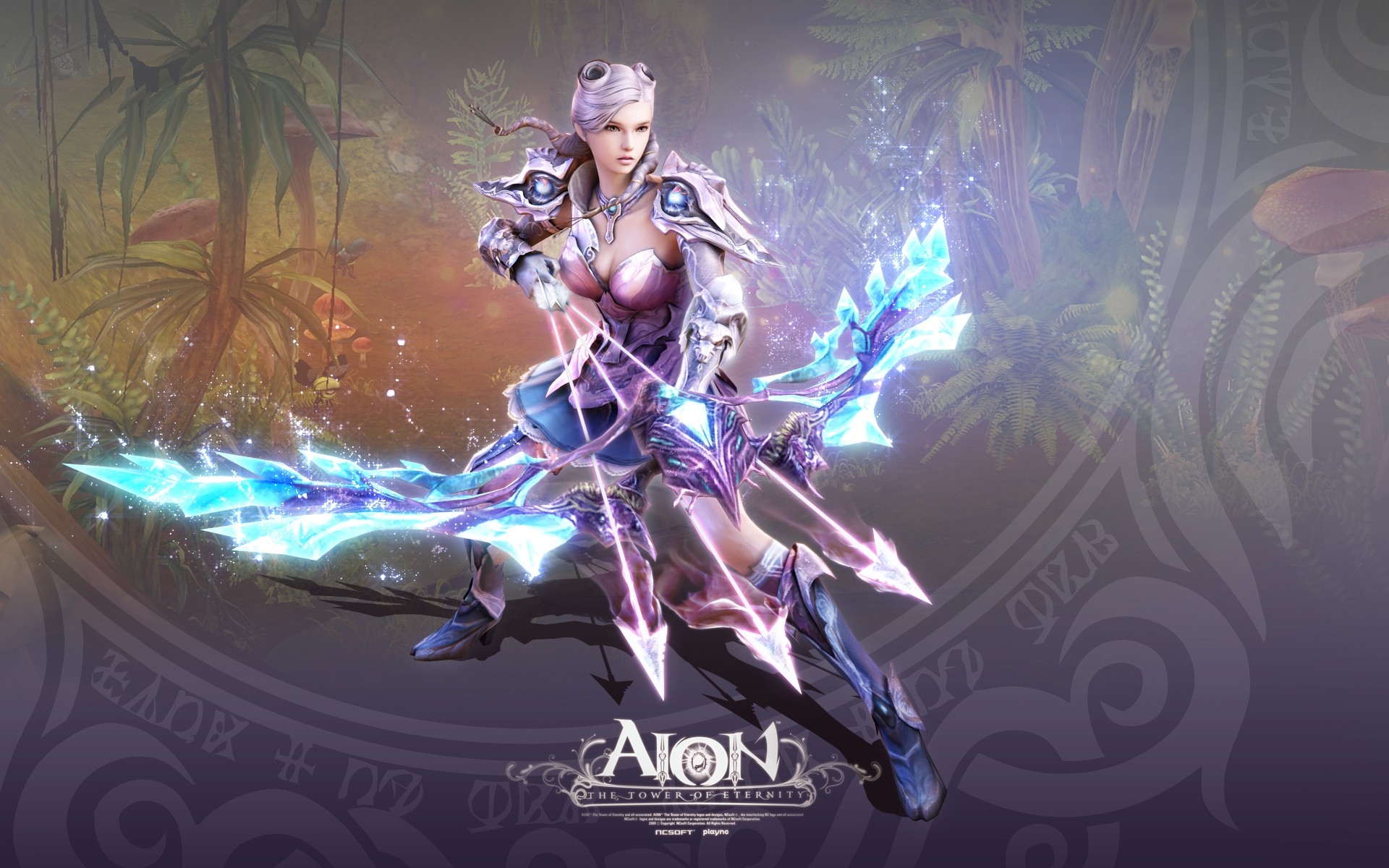 Картинки Aion башня вечности, девушка, щит, меч, крылья фото и обои на рабочий стол