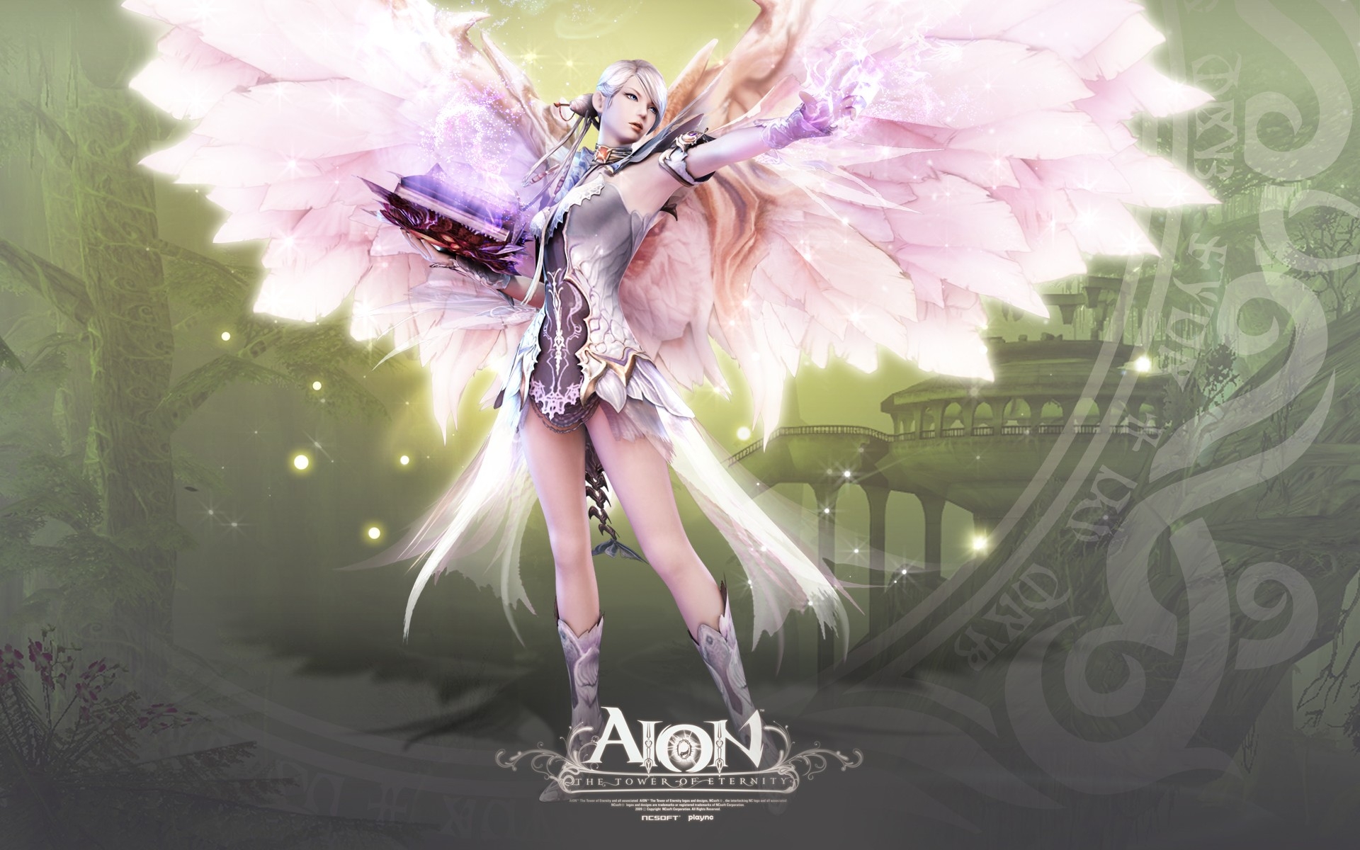 Картинки Aion башня вечности, девушка, лук, стрелы, магия фото и обои на рабочий стол