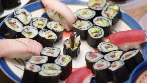 Рыба, суши, тарелка, ассорти, японская кухня, круг