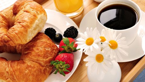 Чай, ромашки, завтрак, круассаны, ягоды