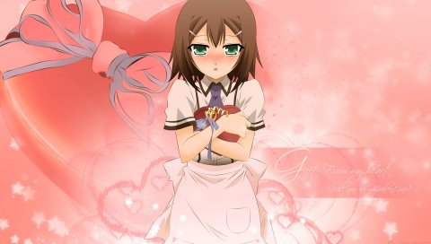 Девушка, бака тест на shoukanjuu, брюнетка, подарок, сердце, глаза