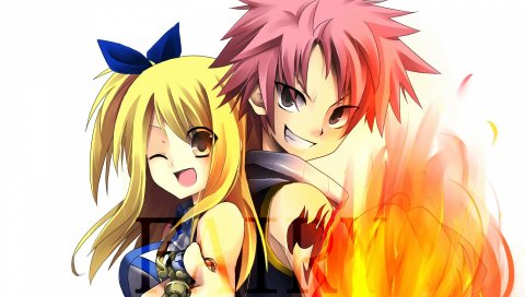 Мальчик, девушка, lucy и natsu, улыбка, радость, оружие, мяч, огонь