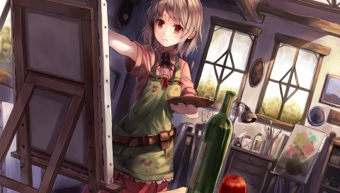 Девушка, художник, живопись, натюрморт, комната, краска, палитра