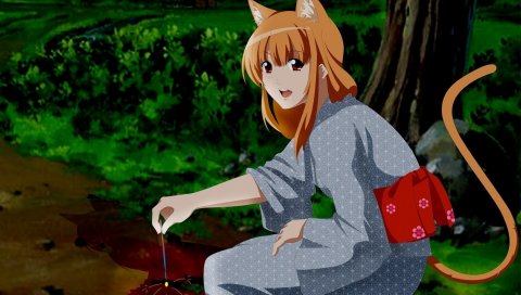 Девушка, улыбаясь, существо, кимоно, лес, прогулка