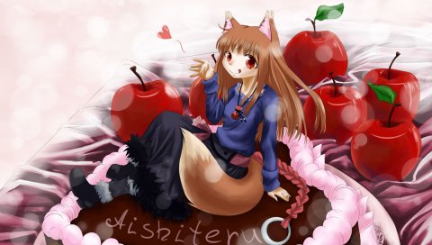 Девушка, брюнетка, существо, хвост, торт, яблоки, улыбка