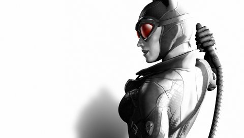 Batman arkham city, девушка, кошка, маска, спина, очки, черно-белые