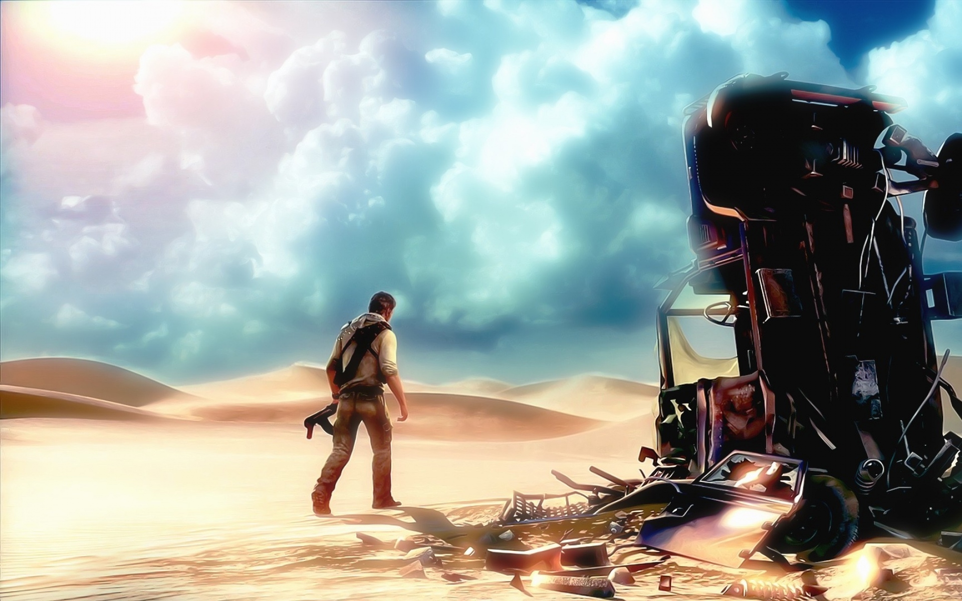Картинки Uncharted, автомобиль, deser, sky, gun фото и обои на рабочий стол