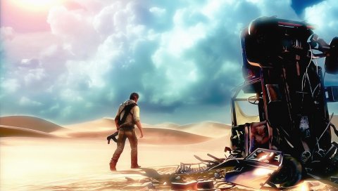 Uncharted, автомобиль, deser, sky, gun