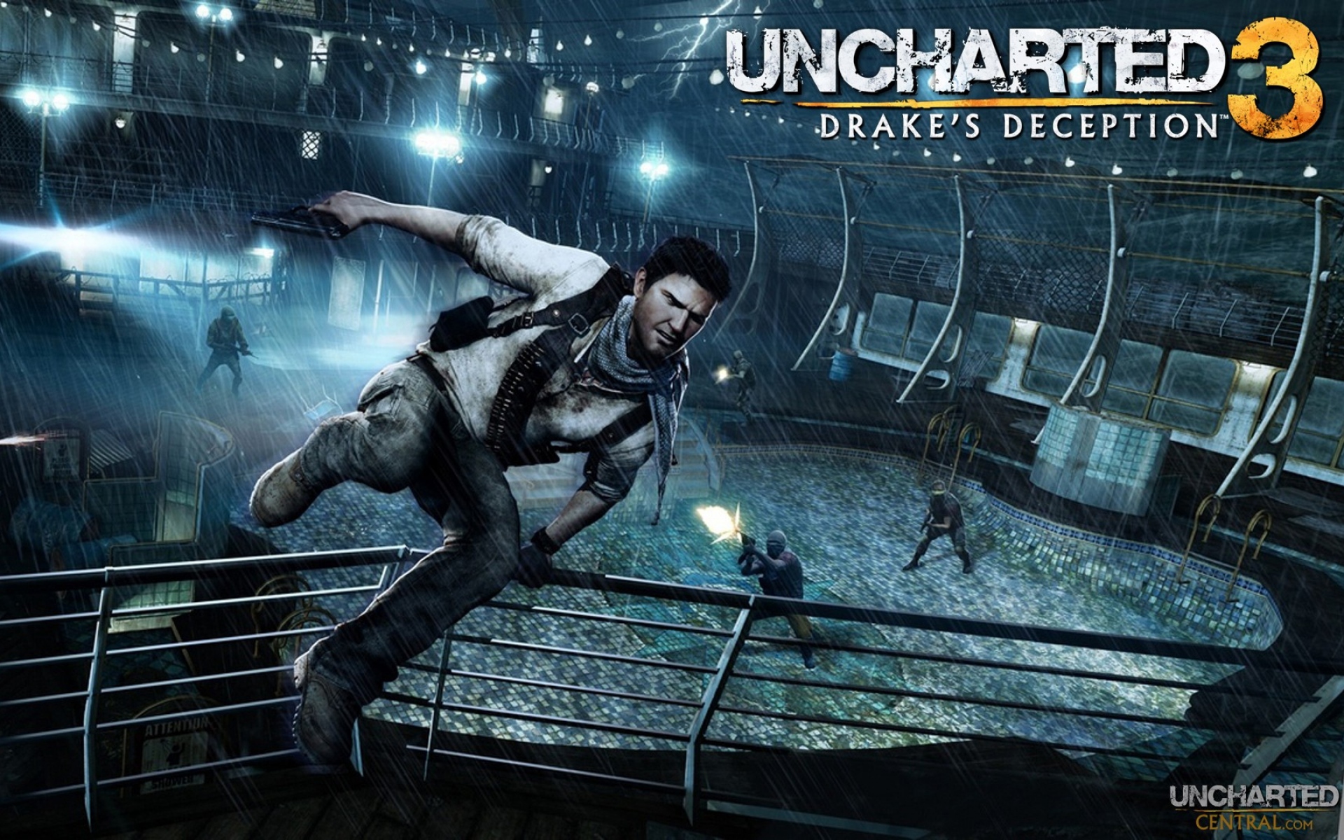 Картинки Uncharted 3 drakes обман, прыжок, забор, враги, ночь, дождь фото и обои на рабочий стол