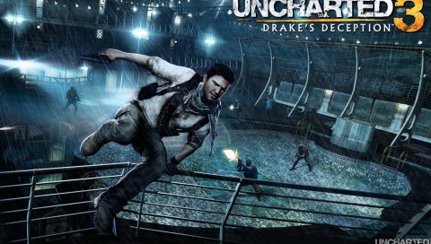Uncharted 3 drakes обман, прыжок, забор, враги, ночь, дождь