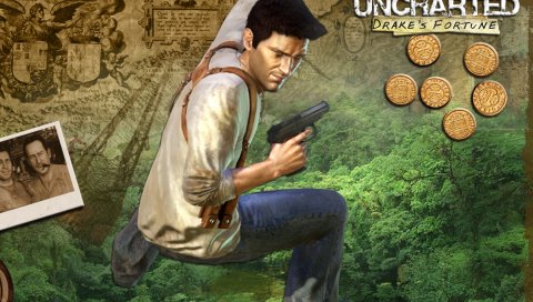 Uncharted drakes fortune, пистолет, фото, монеты, деревья