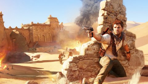 Uncharted, пистолет, пустыня, враги, лесные пожары