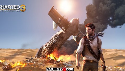Uncharted 3 drakes обман, дым, самолет, небо, пустыня