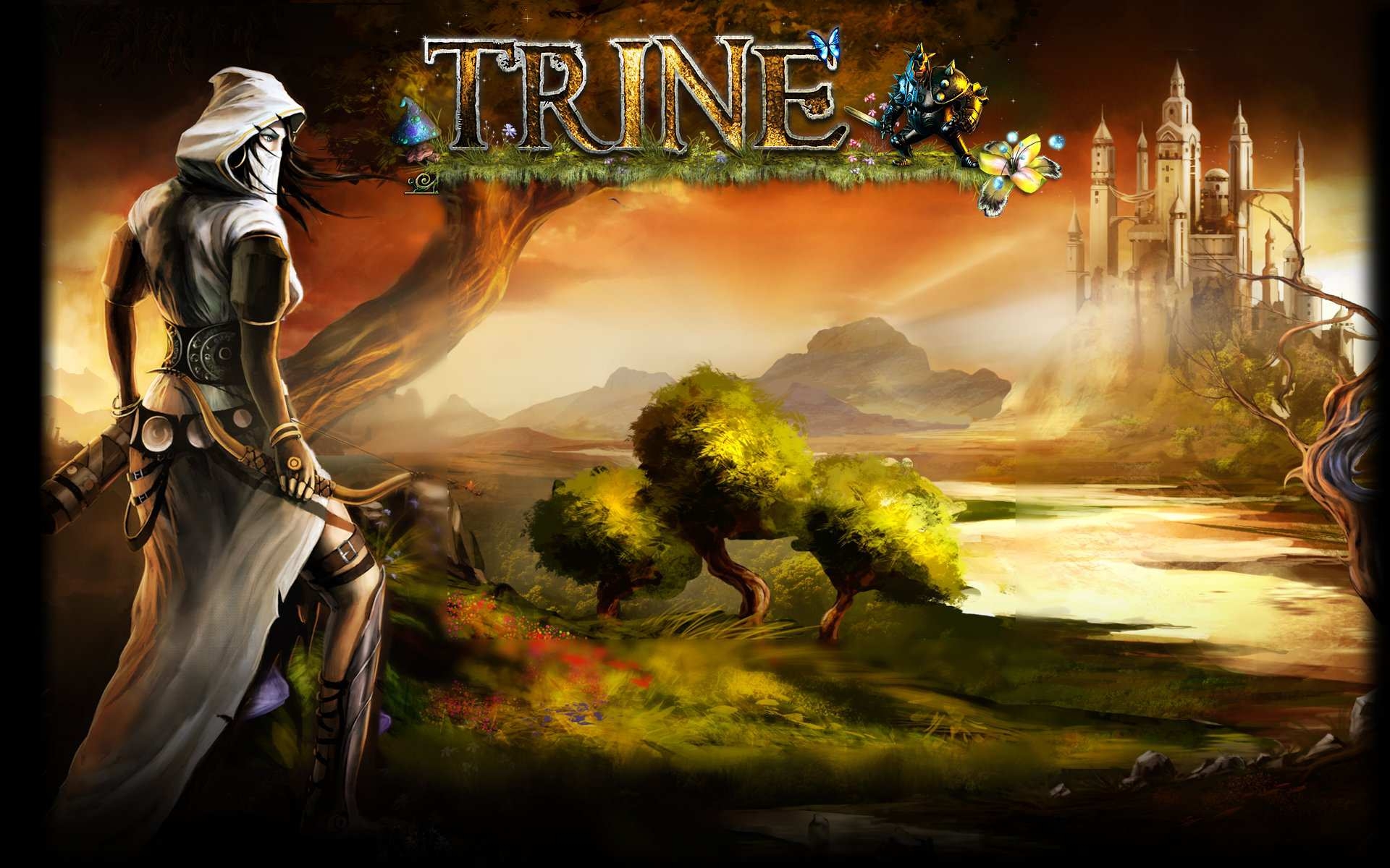 Картинки Trine 2, девушка, лук, деревья, замок фото и обои на рабочий стол