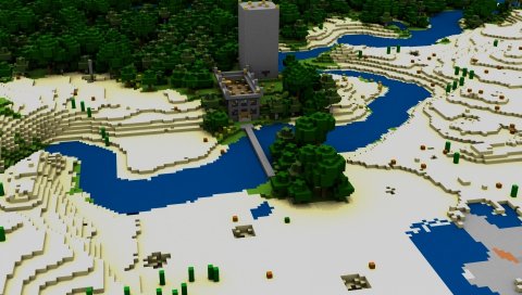 Minecraft, дом, мост, река, деревья