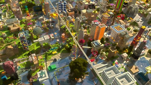 Minecraft, город, дома, солнечный свет, деревья