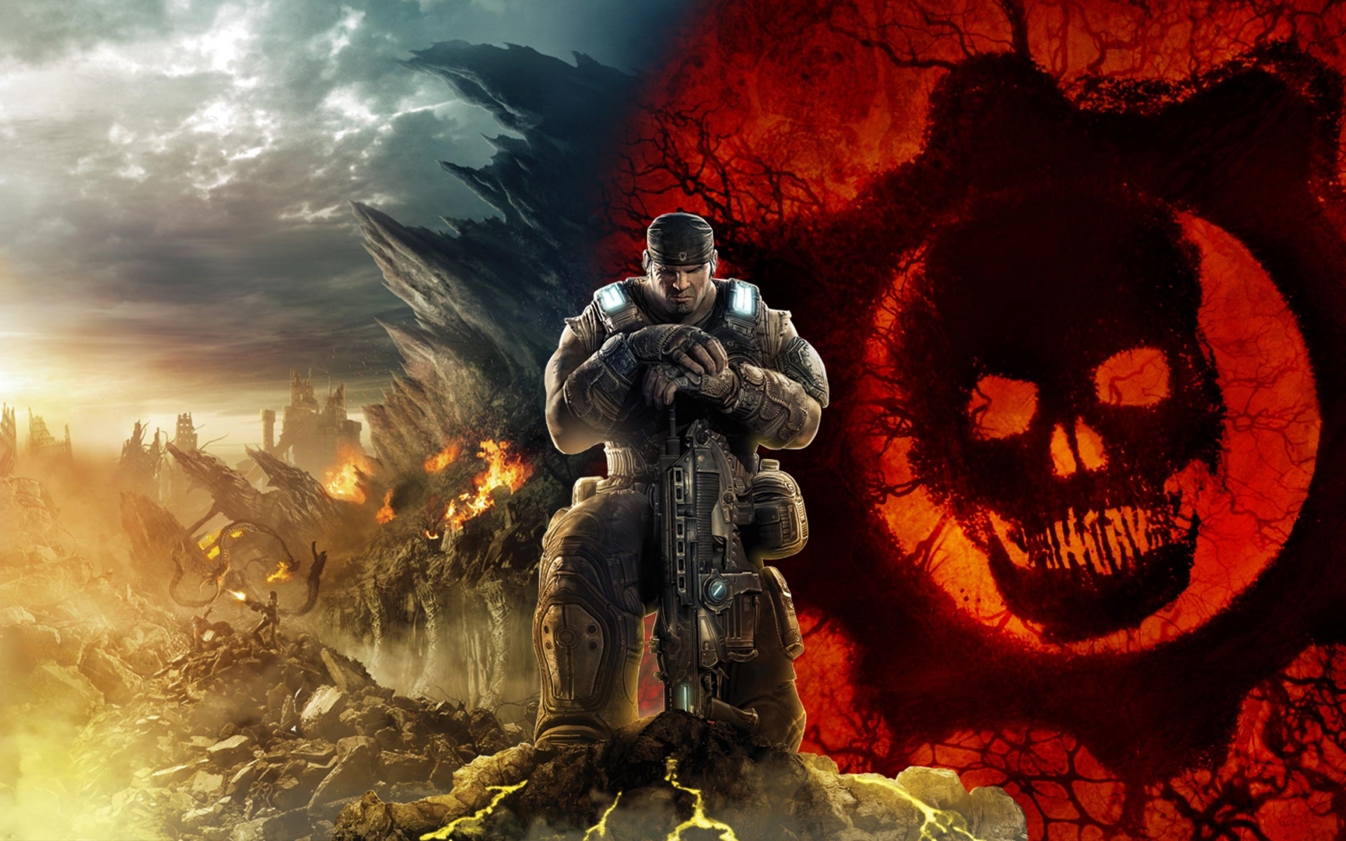 Картинки Шестерни войны, череп, солдат, небо, горы, marcus fenix фото и обои на рабочий стол