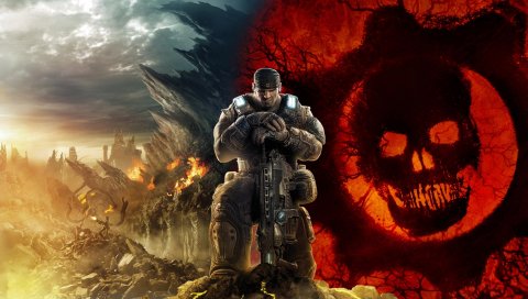 Шестерни войны, череп, солдат, небо, горы, marcus fenix